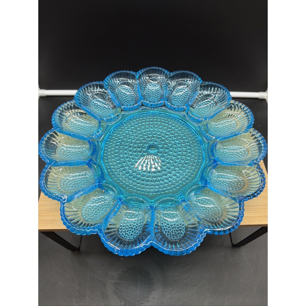 Vintage Horizon Blue* Indiana Glass Hobnail Deviled Egg Plate 11" Granny Core